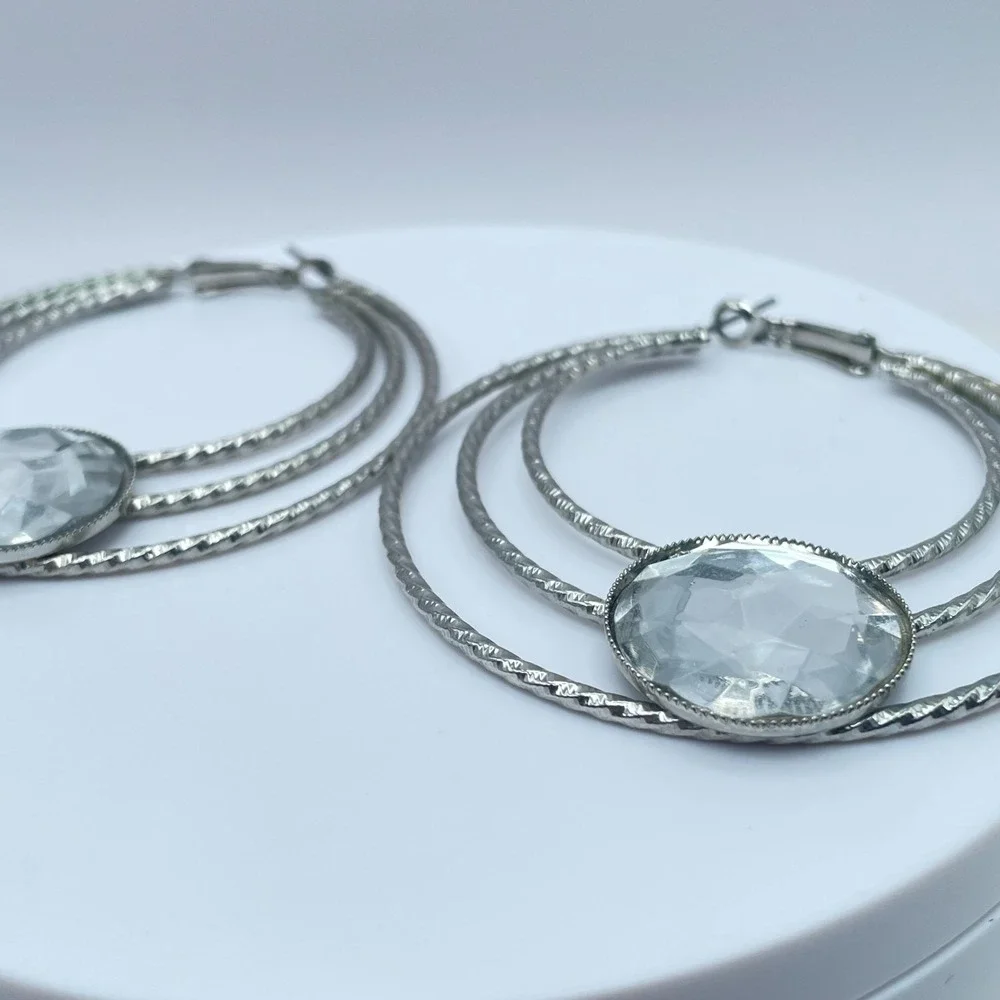 Vintage 80s Silver Tone Triple Hoop Earrings Clear Glass Women's Classic Jewelry